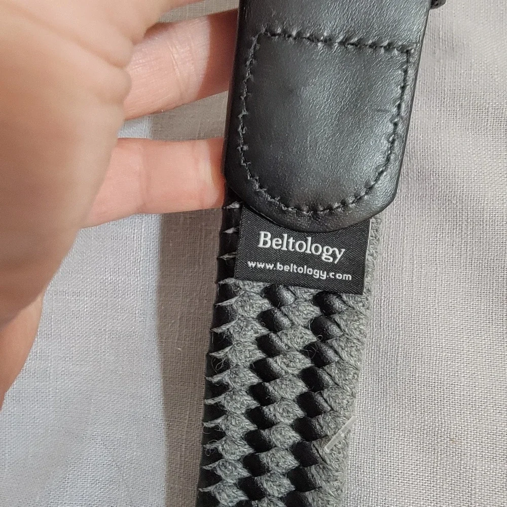 Beltology Mens Grey‎ Black Braided Woven Stretch Belt Leather Trim Size 40 EUC
